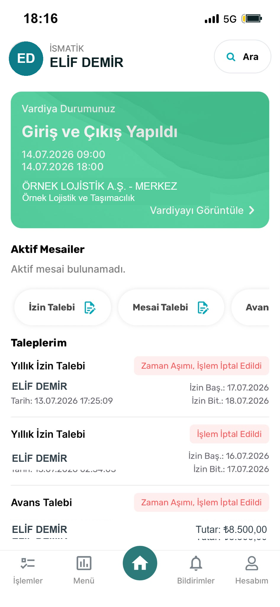 İşmatik mobil — çalışan PDKS ana ekranı