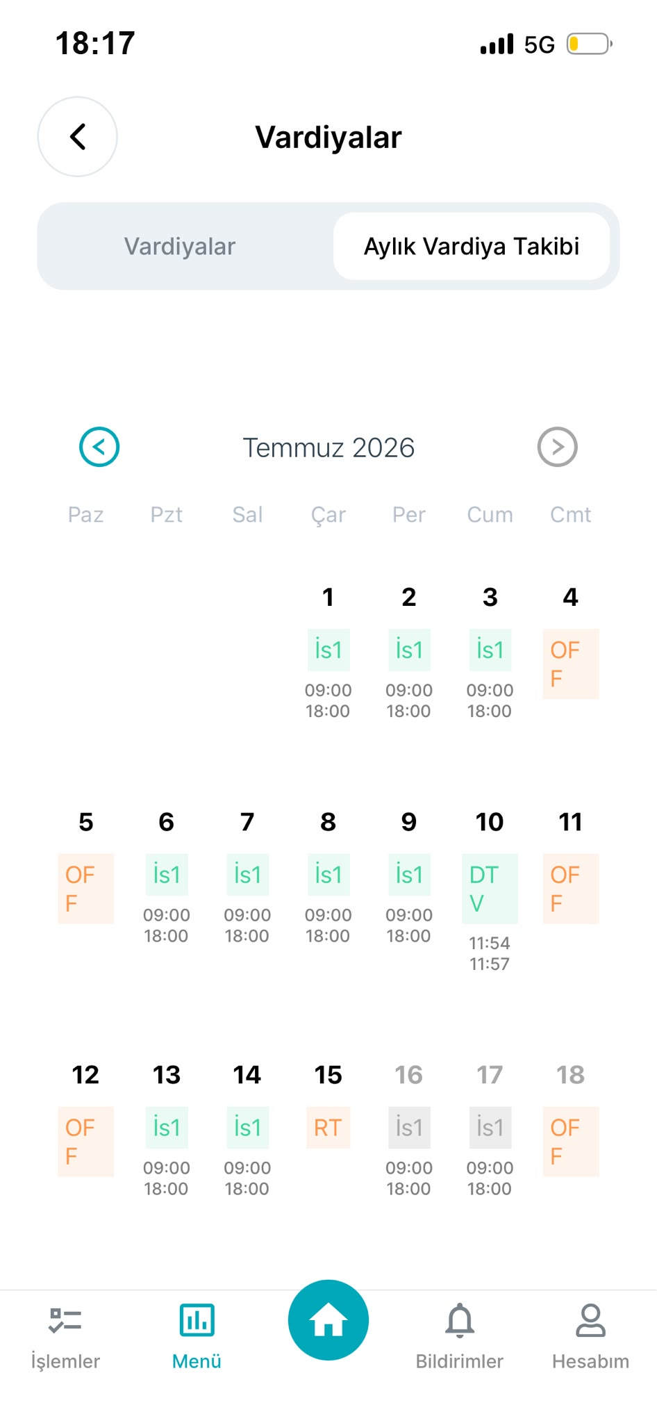 İşmatik mobil — aylık vardiya takvimi ekranı